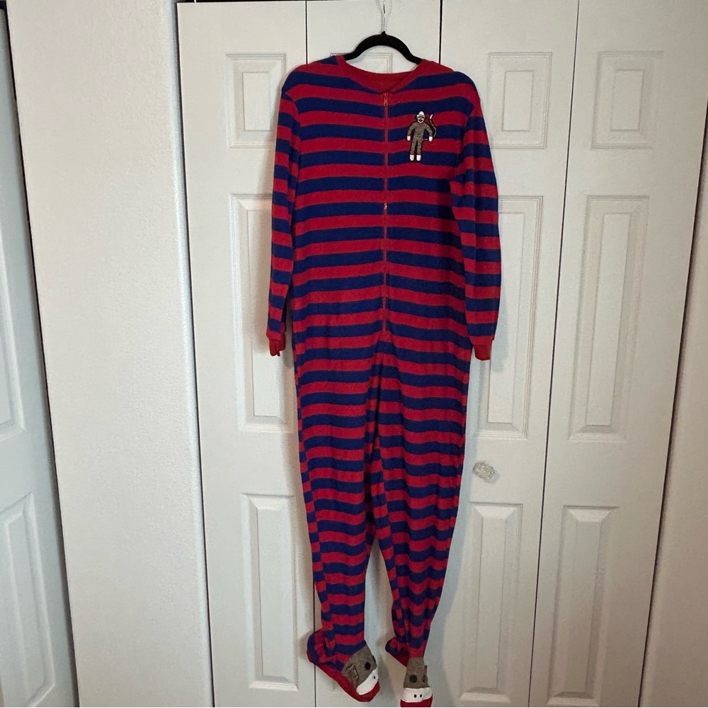 Nick & Nora Red & Blue Striped One Piece Footed Pajamas Sock Monkey Family Match